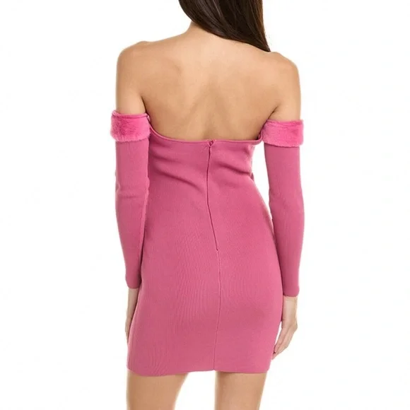 Staud Josee Fur Trimmed Long Sleeve Pink Mini Dress , NEW - Picture 15 of 16